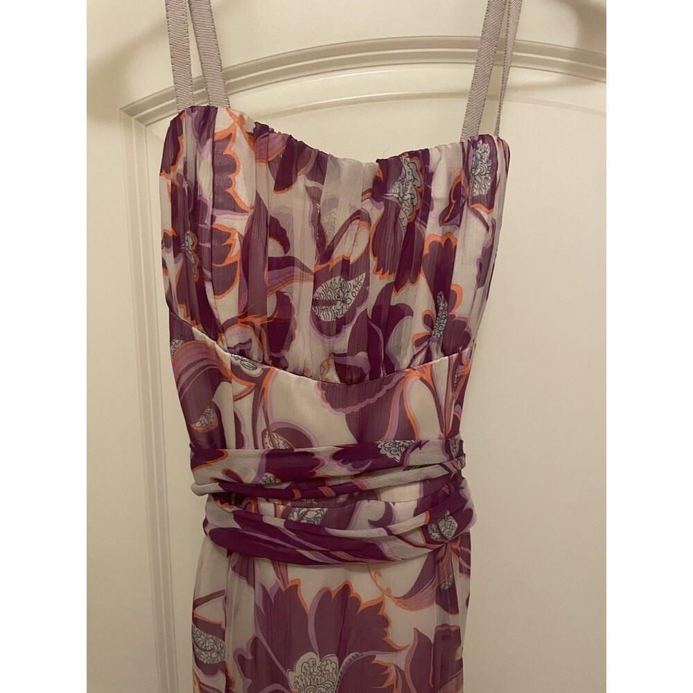 Stunning Nanette Lepore Purple Floral Ruched Waist Silk Blend Midi Dress Size 6